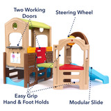 Two working doors, easy grip hand holds, modular slide, steering wheel