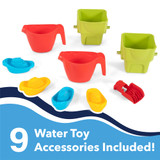 Water play accessories include 2 pouring cups, 4 toy boats , 2 spill and fill buckets, and hose attachment