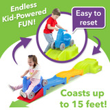 Push and go! Recessed starting grooves keep toy coaster's back wheels stationary ready for the 15 foot ride.