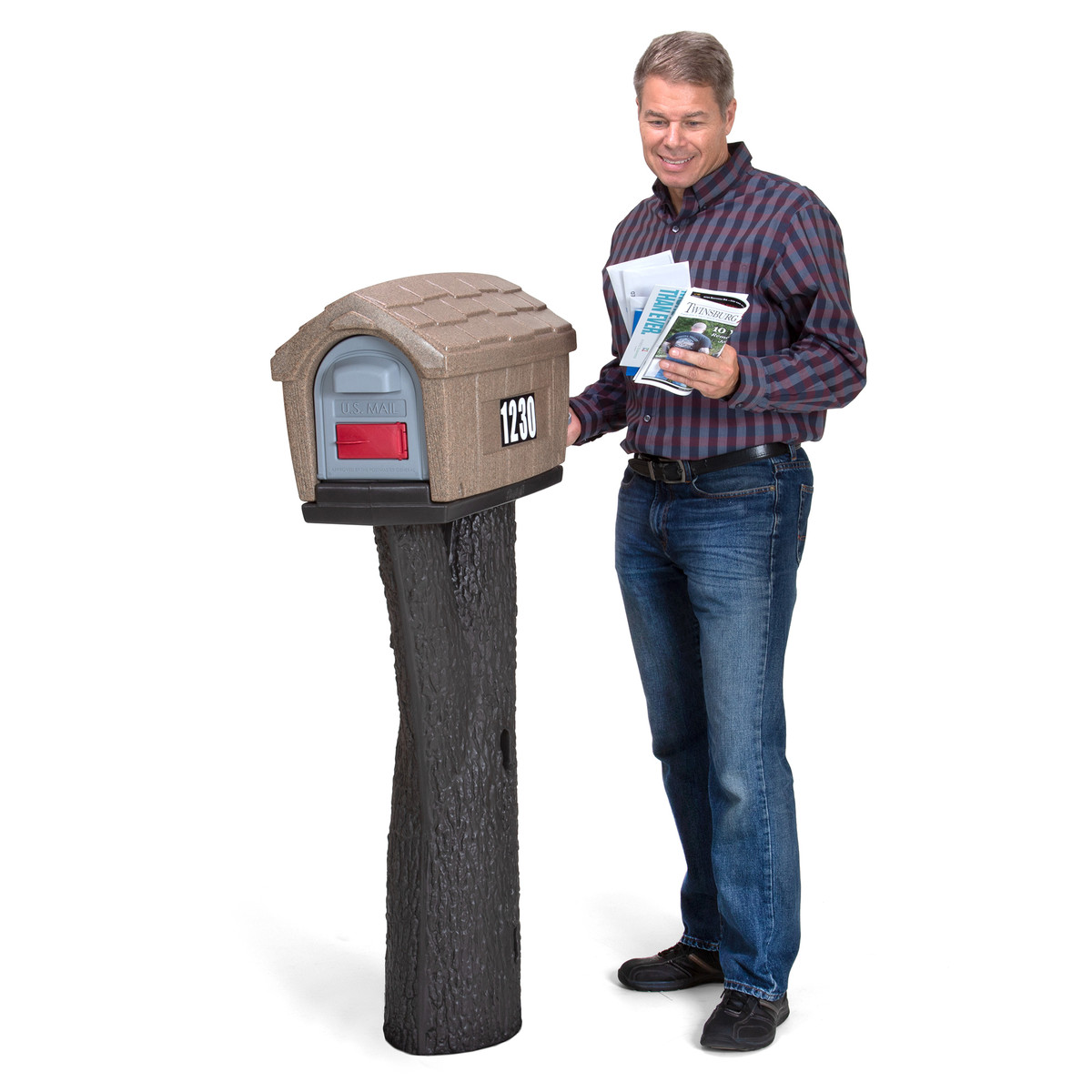 Man retrieving mail from backside of Simplay3 Rustic Home Mailbox 