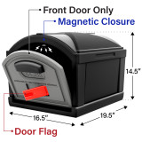 strong magnetic closure and bright red door flag exterior dimensions measures 19.5" deep by 17" wide by 14.5" tall