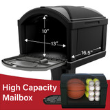high capacity mailbox with interior dimensions measuring 16.5" deep by 13" wide by 10" tall
