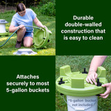 durable double wall construction, easy to clean, attaches securely to most 5 gallon buckets, not included