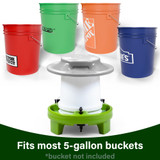 Fits most 5 gallon buckets (not included) such as Tractor Supply, Menards, Lowes, Home Depot, Ace Hardware